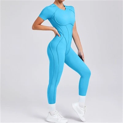 Open-Back Form-Fitting Short-Sleeved Jumpsuit With Long Pants