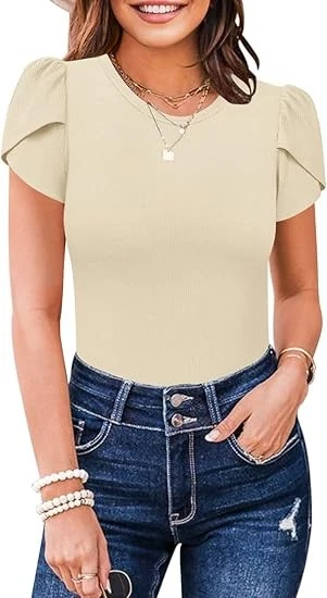 Sexy Short Sleeve Crew Neck Ribbed Petal Sleeve Bodysuits