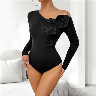 Women's Black Bodysuit 3D Floral Patchwork Slim Fit Stretch