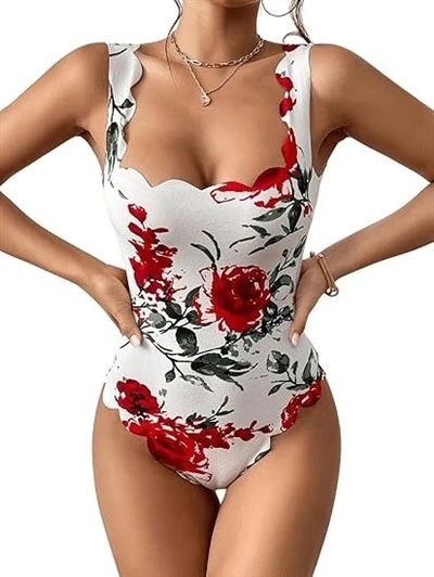 Women's Floral Print Scalloped Square Neck Sleeveless Bodysuit