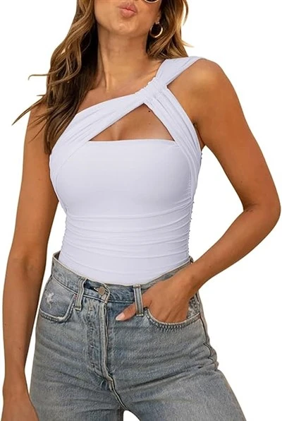 Womens Sexy One Shoulder Asymmetrical Print Mesh Ruched Bodysuits